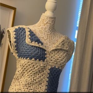 Elegant Blue and Cream V-Neck Sweater